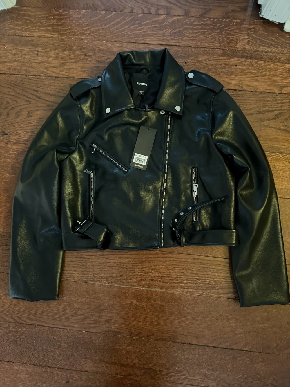Express Black Faux Leather Biker Jacket with Belt